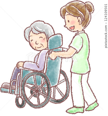 Elderly woman in a wheelchair_female caregiver 124109501