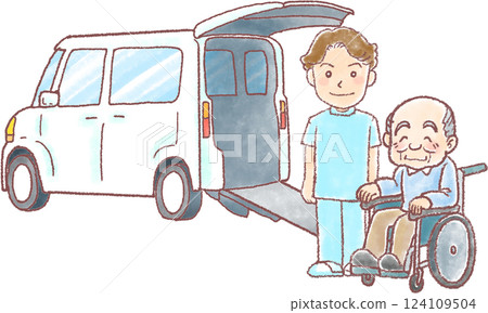 Transportation in a nursing car_Elderly woman and female caregiver 124109504