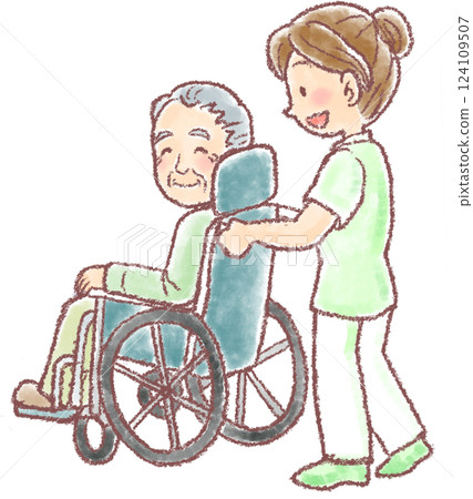 Elderly man in a wheelchair and a female caregiver 124109507