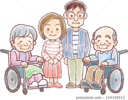 Nursing care_Elderly men and women in wheelchairs and middle-aged couple 124109511