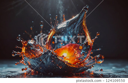 Splash of water with a red object in the middle. The splash is orange and blue 124109550