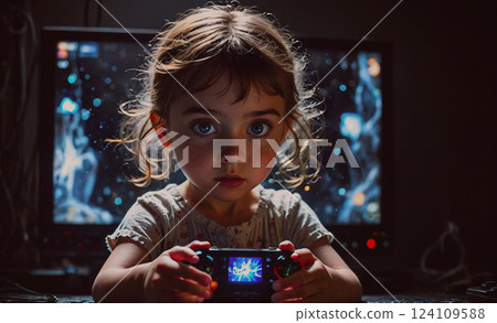 Young girl is holding a video game controller and looking at the screen. Concept of innocence and curiosity, as the child is exploring a new world through the game 124109588