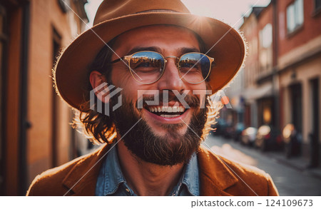 Man with a beard and glasses is smiling and wearing a brown hat. He is standing on a street with cars and a building in the background Man with a beard and glasses is smiling and wearing a brown hat. He is standing on a street with cars and a building in the background 124109673