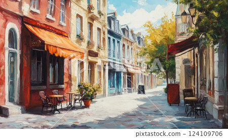 Cafe terrace bathed in European sunlight_3 124109706