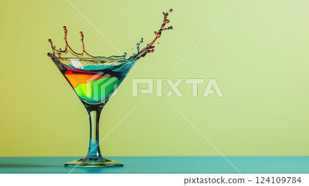 Colorful splash in a cocktail glass with vibrant hues of blue, green, and red against a soft yellow background Colorful splash in a cocktail glass with vibrant hues of blue, green, and red against a soft yellow background 124109784