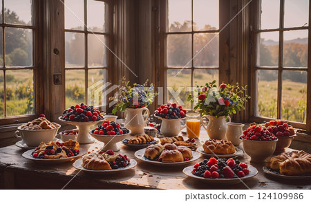 Table is covered with a variety of desserts and fruit, including pies, cakes, and pastries. The table is set up in a way that makes it easy for guests to serve themselves. Scene is warm and inviting 124109986