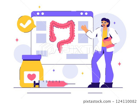Proctologist or Colonoscopy Vector Illustration with a Doctor Examining the Colon or Small Intestine and Displaying Harmful Bacteria in a Background Proctologist or Colonoscopy Vector Illustration with a Doctor Examining the Colon or Small Intestine and Displaying Harmful Bacteria in a Background 124110082