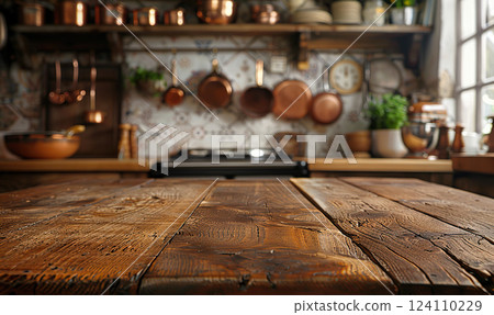 A warmly lit kitchen counter with sunlight filtering through green plants. generate AI 124110229
