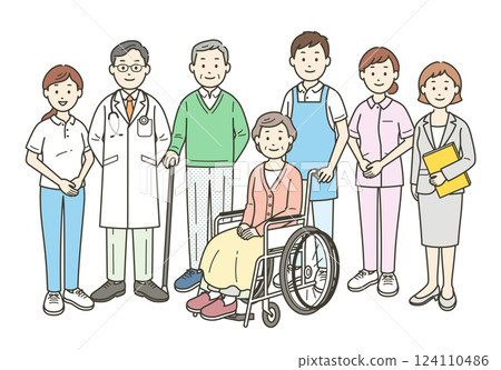 一對老年夫婦、一名醫生、一名護士、一名護理人員和一名護理經理的全身插圖。 124110486