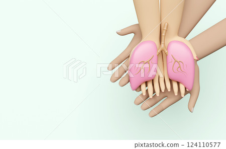 3d hand male female with human lung isolated on green background. world pneumonia day, check lung health, organs concept, top view, 3d illustration render 124110577