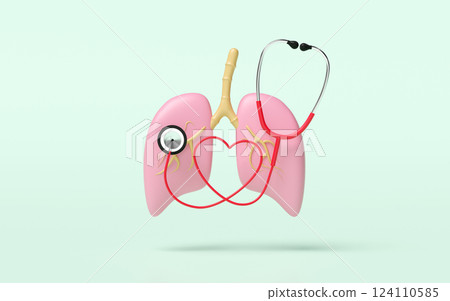 3d realistic human lung with stethoscope isolated. world pneumonia day, check lung health, organs concept, 3d illustration render 124110585
