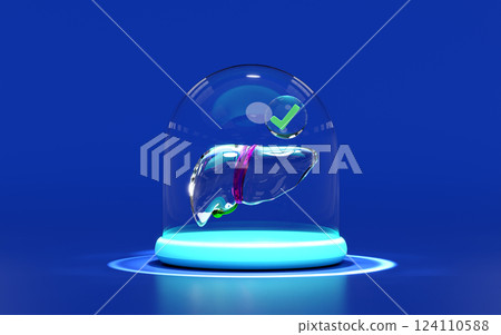 3d glass dome with realistic human liver, check mark isolated on blue background. check liver health, health love, world hepatitis day concept, 3d illustration render 124110588