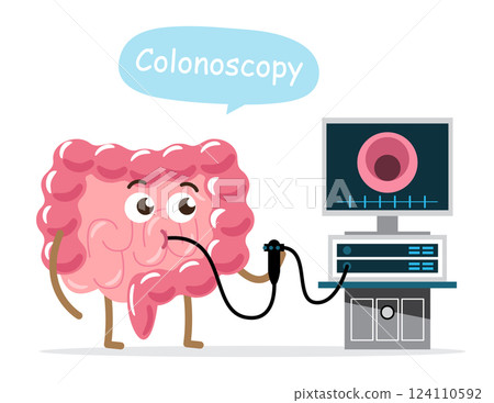 Colonoscopy . Intestine cartoon character and endoscopy machine . White isolated background . Vector . 124110592