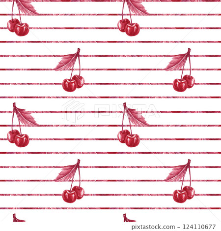 Seamless pattern cherries on abstract red lines. Cherry branch. Monochrome watercolor illustration isolated from the background. Red berries for textile, packaging product line, scrapbook, stationary Seamless pattern cherries on abstract red lines. Cherry branch. Monochrome watercolor illustration isolated from the background. Red berries for textile, packaging product line, scrapbook, stationary 124110677