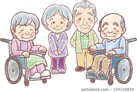 Illustration of nursing care _ 4 elderly men and women _ Elderly couple _ Elderly men and women in wheelchairs 124110838