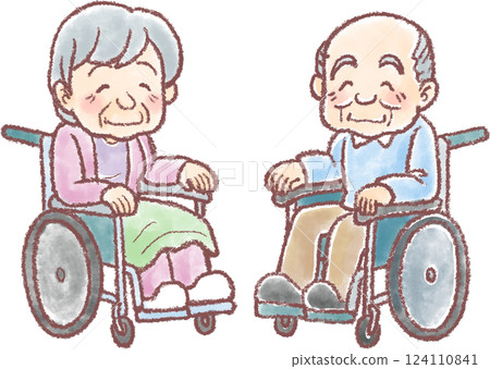 Nursing care illustration_Elderly men and women in wheelchairs 124110841