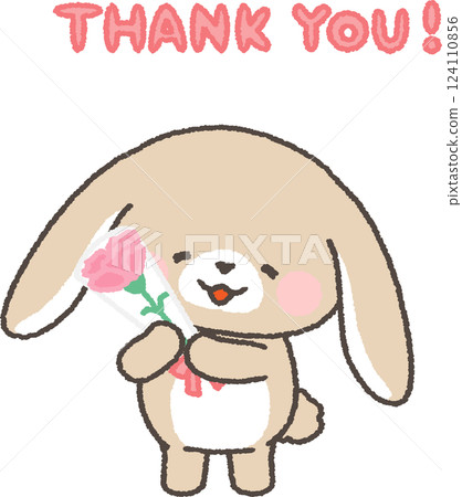 Smiling droopy-eared rabbit holding a carnation 124110856
