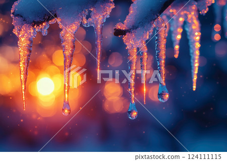 與冰柱和日落的冬季景觀 與冰柱和日落的冬季景觀 124111115