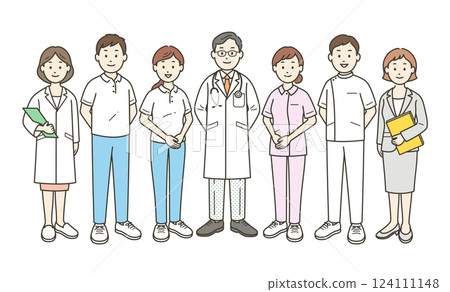 A full-body illustration of doctors, nurses, caregivers, and care managers who support local social welfare 124111148