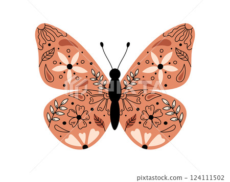 Butterfly with floral ornament isolated vector illustration. Whimsical insect. Colorful butterfly with abstract botanical decor on wings. Boho style hand drawn doodle elements flowers, leaves 124111502