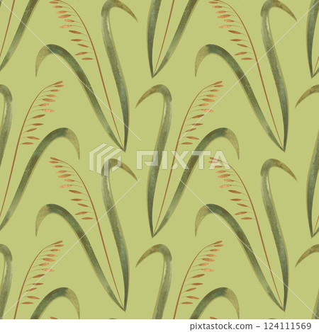 Textile seamless floral pattern with wild grasses and cereals. Design for kitchen home textiles, tablecloths, curtains, bed linen, dress fabrics, wrapping paper. 124111569