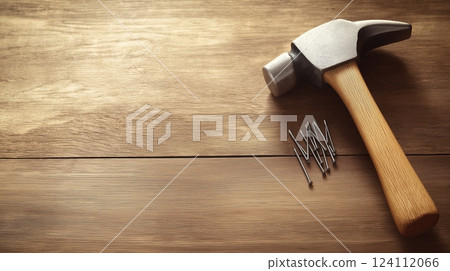 Happy Labour Day. Hammer and nails on wooden surface Happy Labour Day. Hammer and nails on wooden surface 124112066