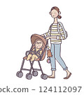 Illustration of a woman walking with a baby pushing a stroller 124112097