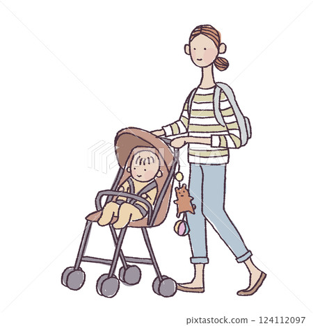 一位婦女帶著嬰兒推著嬰兒車散步的插圖 一位婦女帶著嬰兒推著嬰兒車散步的插圖 124112097