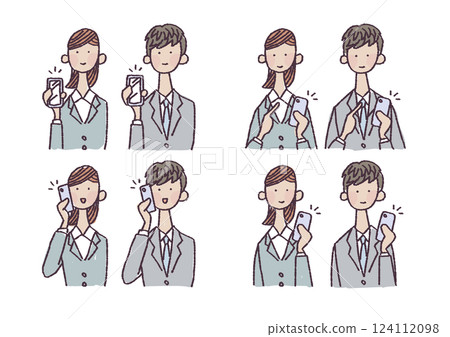 穿著西裝的男人和女人拿著智慧型手機的插圖 124112098