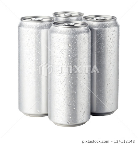 Frosty Refreshing Beverage Cans with Condensation on Metallic Surface 124112148