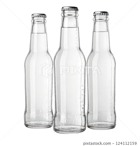 Three clear glass bottles arranged in a minimalist studio setup against a pure white backdrop 124112159