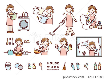 Illustration set of women doing housework Illustration set of women doing housework 124112189