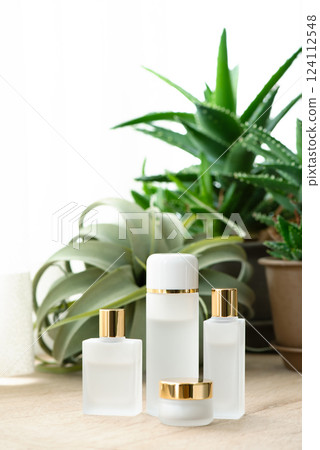 Natural cosmetics image with houseplants and glass cosmetic bottles 124112548