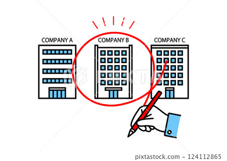 選擇公司的圖片 - 一個人的手在公司大樓上畫一個紅色圓圈的插圖 124112865