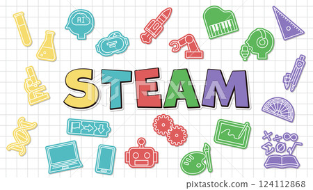 A pop and bright title design representing STEAM education, a symbol of learning science, technology, engineering, art, and mathematics 124112868