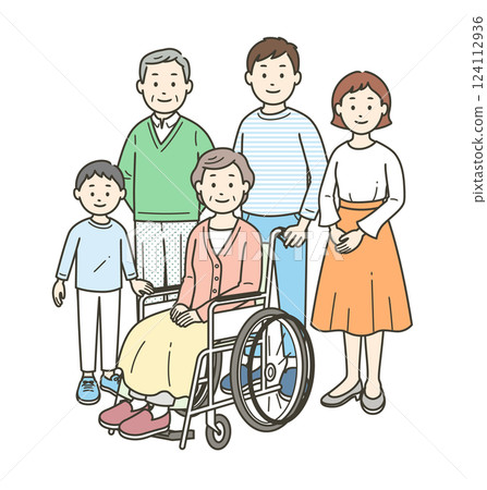 A full-body illustration of a three-generation family assisting a wheelchair-bound grandmother 124112936