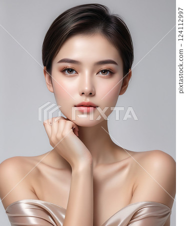 一位美麗的短髮年輕女子的美容肖像。美麗的容顏，美麗的形象。人工智慧生成 124112997