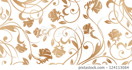 seamless floral pattern with flowers roses decorative golden colors isolated white backgrounds for wallpapers the bedroom, patterned fills, webs pages, surface textures, books covers, fabrics printing 124113084