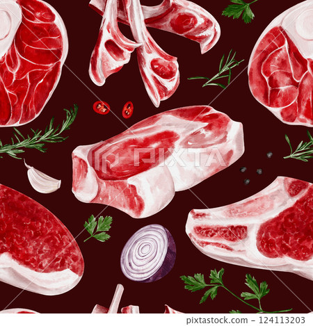 Seamless pattern with meat and spices. Beef and lamb with steaks and ribs. spices and onions with herbs. Pattern for kitchen and grocery store. Butcher shop and decor. Raw fresh meat.  124113203