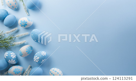 Happy easter! Colourful Easter eggs on pastel background. Decoration concept for greetings and presents on Easter Day celebrate time. 124113291