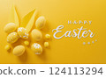Happy easter! Colourful Easter eggs on yellow background. Decoration concept for greetings and presents on Easter Day celebrate time. 124113294