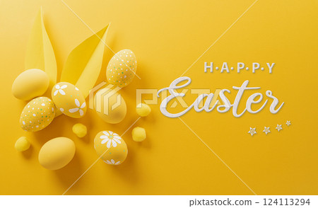 Happy easter! Colourful Easter eggs on yellow background. Decoration concept for greetings and presents on Easter Day celebrate time. Happy easter! Colourful Easter eggs on yellow background. Decoration concept for greetings and presents on Easter Day celebrate time. 124113294