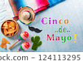 Cinco de Mayo holiday background made from maracas, mexican blanket stripes or poncho serape and hat on blue background. 124113295