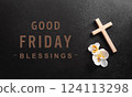 Good Friday and Holy week concept - A religious cross and flower on dark stone background. 124113298