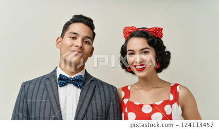 Retro-themed portrait of smiling young adult hispanic couple in vintage attire 124113457