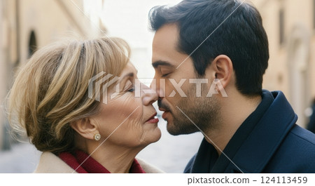Intergenerational connection: caucasian mature woman and hispanic young man sharing a tender moment in an urban setting 124113459