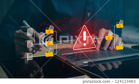 A warning alert icon signals a hacked document system as a man types on a keyboard, surrounded by digital files and documents, with a red cybersecurity threat alert prominent in the scene. 124113463
