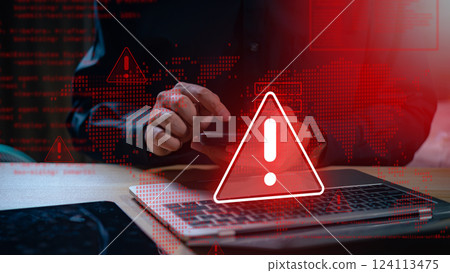 System warning: hacked alert! Cyberattack on computer network. Cybersecurity vulnerability, data breach, illegal connection, compromised information. Malicious software, virus, and cybercrime. 124113475