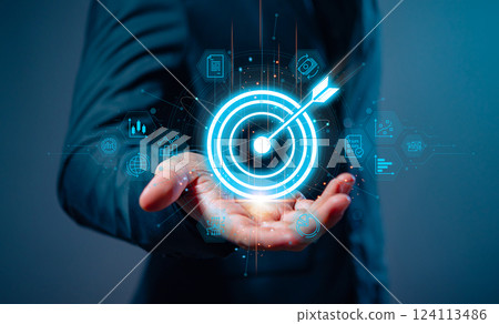 Businessman with target arrow virtual digital technology icon, business investment objectives and goals Marketing strategies and goals for success. 124113486