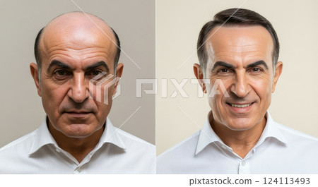 Mature middle-eastern male transformation with hair and smile in split before and after Mature middle-eastern male transformation with hair and smile in split before and after 124113493